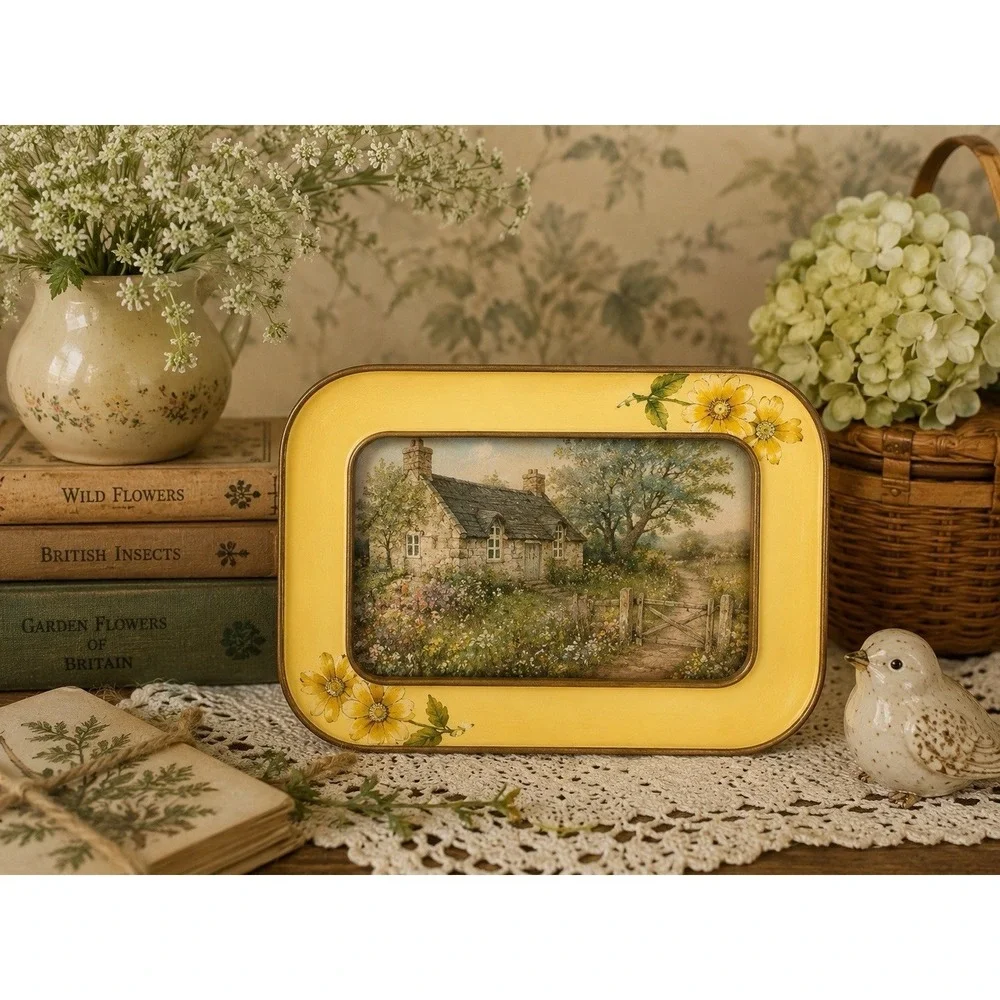 Vintage 5x7 Gold Tone Enamel Floral Picture Frame Daisy Metal Wood Easel Back